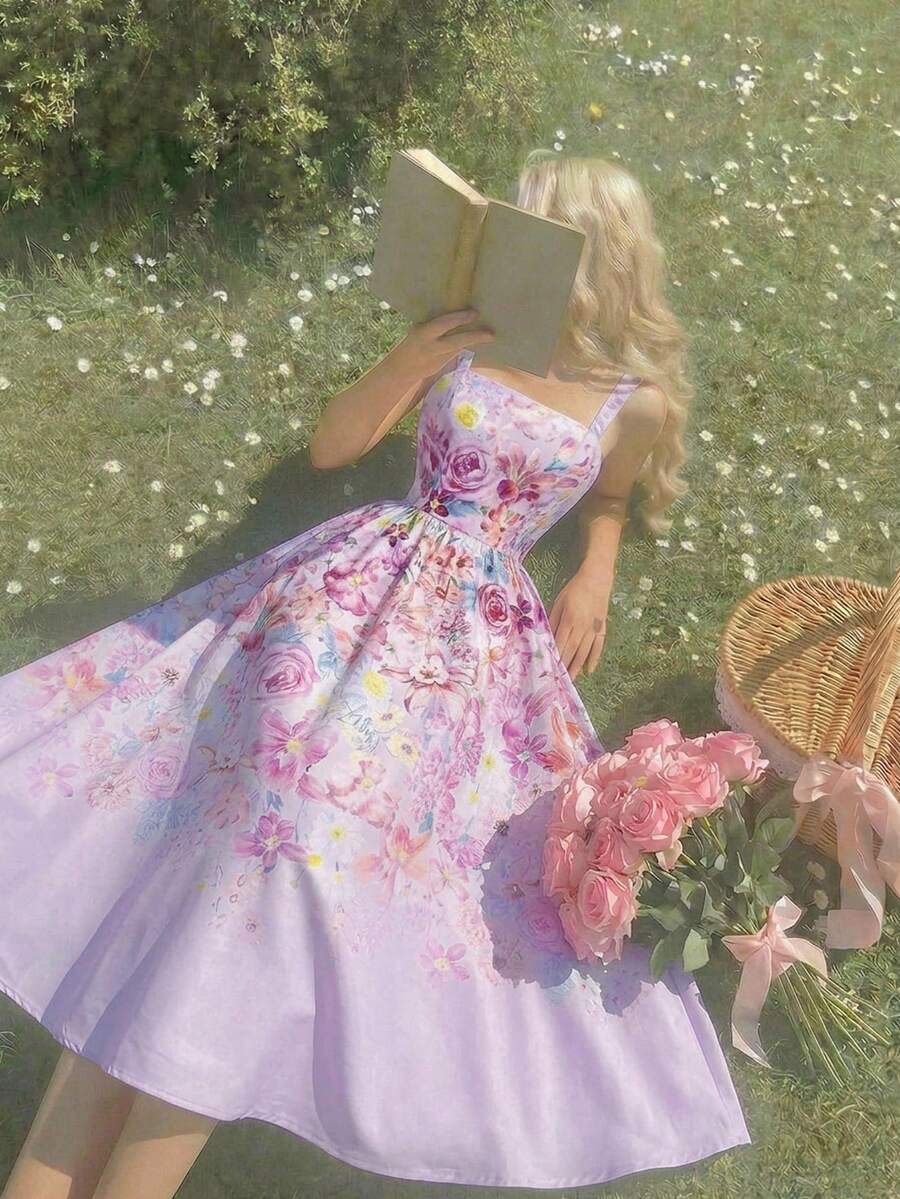 SHEIN MOD 女士碎花中长连衣裙 - 紫色 - 查看 1