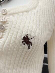 StreetHx Women's Streetwear Solid Color Ribbed Button-Up Long Sleeve Sweater Top, Autumn/Winter - Apricot - View 8