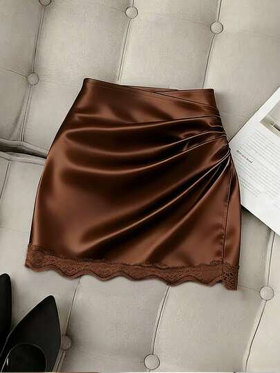 Franclia New Brown Lace Trim A-Line Skirt, Flattering Women's Skirt