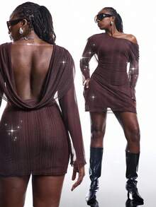 LYSMO Plus Size Burgundy Autumn Classy Night Out Club Sequin Hooded Semi-Sheer Mesh Dress For Women,See Through Long Sleeve One Shoulder Bodycon Party Dress - Brown - View 1