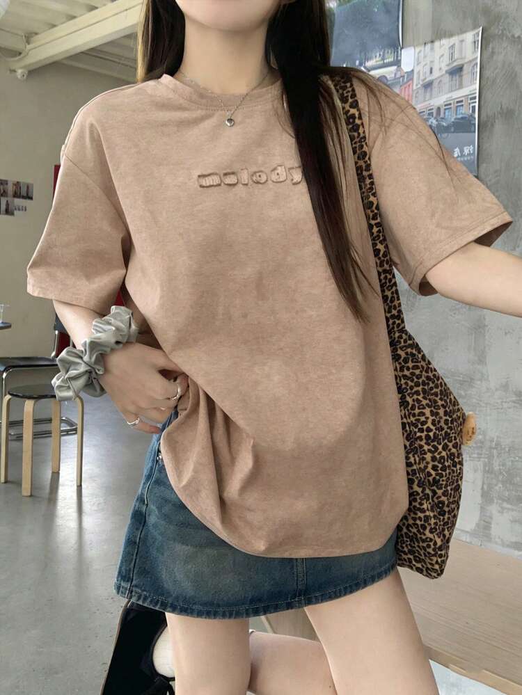 Women's Loose Tie-Dye Tie Dye Khaki Round Neck Letter Print T-Shirt, Spring & Summer