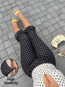 Muchica Quần legging lửng dáng rộng in chấm bi dành cho nữ cỡ lớn, cạp chun co giãn, kiểu dáng thường ngày. - màu đen - Xem 1