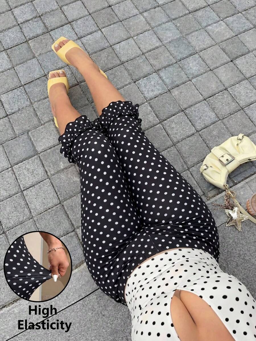 Muchica Quần legging lửng dáng rộng in chấm bi dành cho nữ cỡ lớn, cạp chun co giãn, kiểu dáng thường ngày. - màu đen - Xem 1