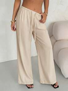 SHEIN PETITE Pantalones casuales de lino de cintura baja y pierna recta para mujer, adecuados para usar de vacaciones, primavera/verano - Albaricoque - Ver 4