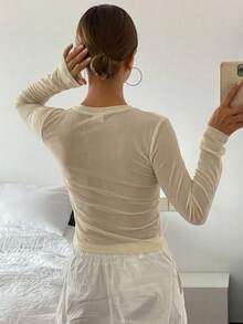 DAZY Women's Solid Color Round Neck Long Sleeve Fitted Fashionable Top Summer - Apricot - View 6