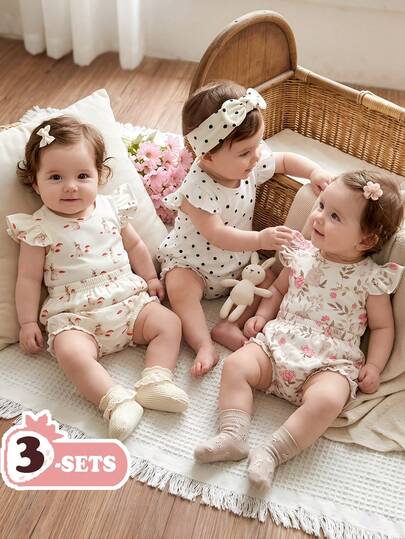 Vintaside Kids 6件套新生儿休闲可爱花卉兔子印花上衣和裤子套装，适合春夏季节、室内、室外、旅行、日常穿着