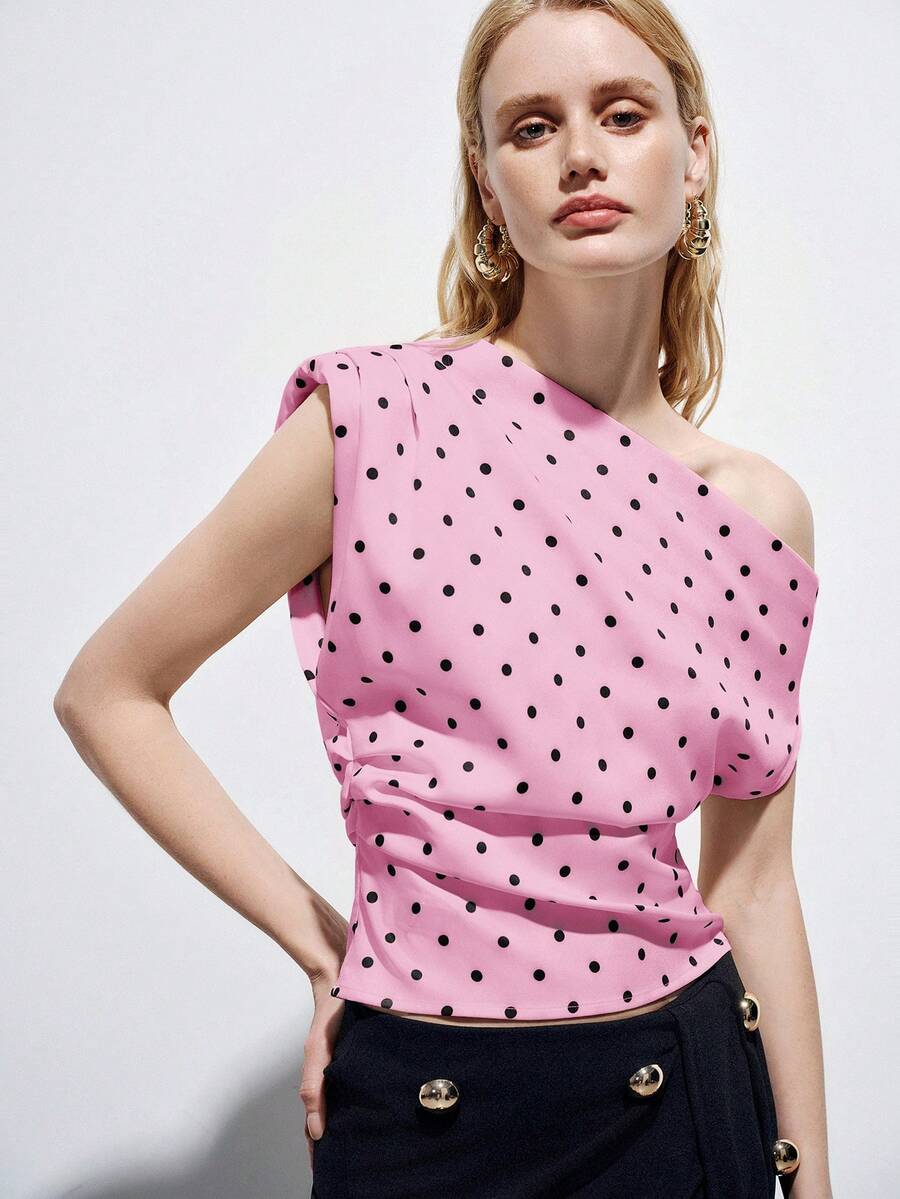 Aveloria Modichic 黑色波点腰部露脐上衣，不对称无袖褶皱设计，弹力面料，复古时尚风格，适合野餐、度假、购物、休闲、派对、夏季街头穿搭，不对称肩部设计元素，修身剪裁，短款紧身，面料舒适。关键词：波点衬衫，不对称肩部上衣，复古波点，夏季必备，欧美畅销款，百搭，轻盈，时尚。优雅舒适的高端波点不对称褶皱腰部女士上衣 - 粉色 - 查看 1