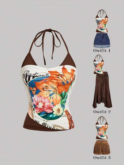 SHEIN MOD 复古印花无肩带无袖女式上衣