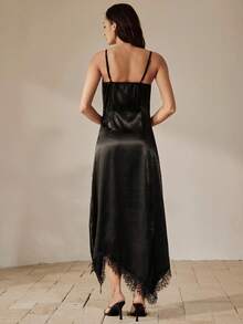Anewsta French Luxury Lace Patchwork Satin Slip Dress, Asymmetrical Hem Fitted Dress With Elegant Lady Style - Black - View 3