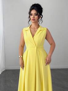 Elenzga Plus Size Women Elegant Casual Sleeveless Lapel Button Decor Maxi Dress - Yellow - View 8