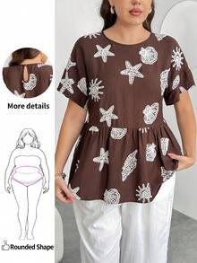 Enliva Plus-Size Casual Vacation Style Blouse With Seashell And Star Embroidery Pattern, Loose A-Line Silhouette, For Apple And Rounded Body Shape Gym Brown - Brown - View 1