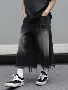 Manfinity EMRG 男士宽松破洞口袋休闲牛仔短裤 - 黑色 - 查看 5