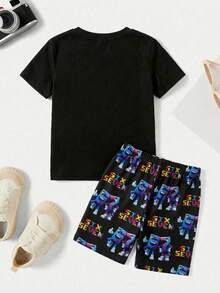 SHEIN 两件套男童休闲可爱卡通字母印花修身圆领短袖T恤和短裤舒适家居服套装 - 彩色 - 查看 3