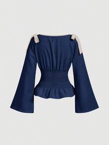 SHEIN MOD Women's Contrast Color Bow Decor Waist Tie Shirt - Navy Blue - View 3