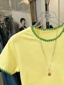 Resyla Women's Casual Contrast Trim Embroidered T-Shirt, Summer - Yellow - View 4