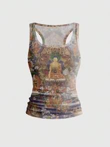 ROMWE Avant Áo tank top nữ bằng vải lưới xuyên thấu in họa tiết tôn giáo kiểu Trung Quốc mới - Nhiều màu - Xem 1