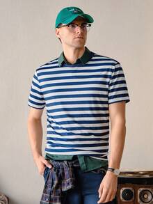 VeloEdit Navy Blue Color Men's Striped Print Round Neck Short Sleeve Casual T-Shirt Old Money, With Contrast Binding, Partywear & Boyfriend Summer - Navy Blue - View 5