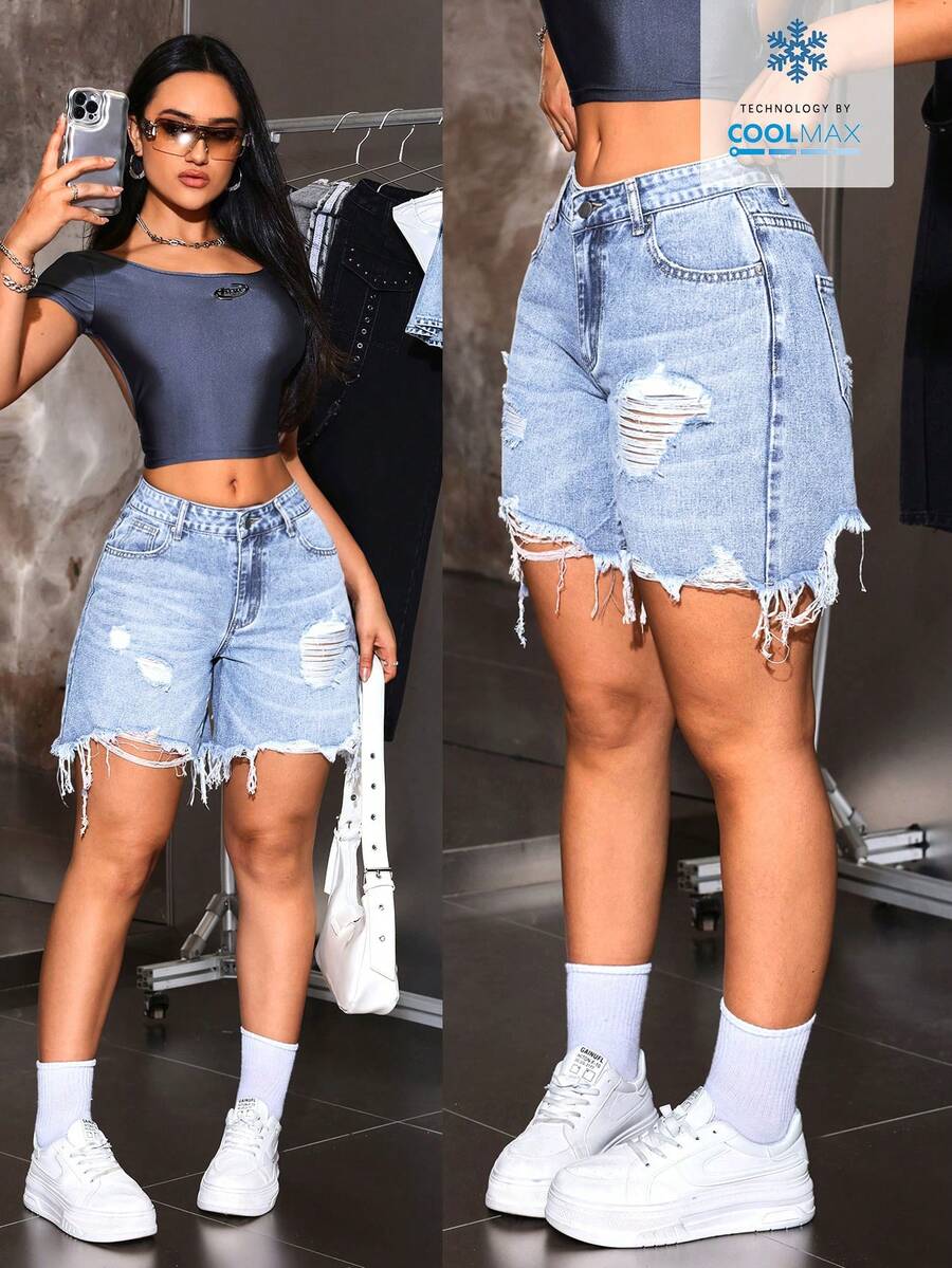 SHEIN ICON Women's Casual Everyday Denim Shorts With Pockets And Button Holes - Light Wash - View 1