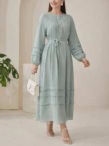 Veilorie Women's Solid Color Round Neck Long Sleeve Button Half Placket Casual Long Dress - Gray green - View 4