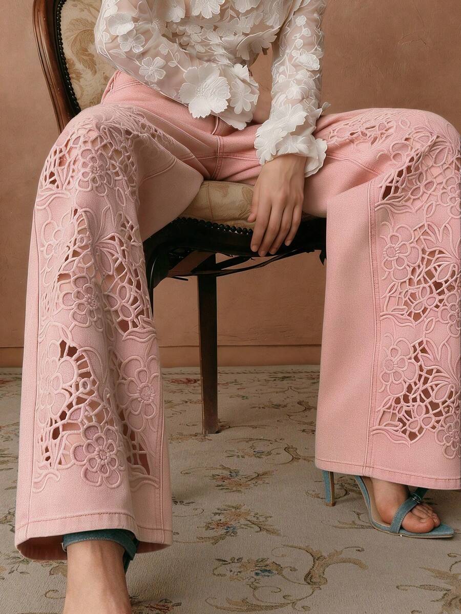 Anewsta Women's High-Waisted Dusty Pink Flare Jeans,Elegant Embroidered Hollow-Out Jeans For Summmer,Fashionable Work Outfits Suitable For Dates & Commuting - Pink - View 1
