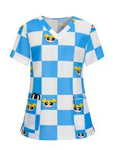 PopScrub THE POWERPUFF GIRLS X SHEIN 女士蓝白棋盘格趣味泡泡印花V领手术服上衣，亮丽蓝白卡通印花手术服上衣，V领口袋护士服 - 藍白色 - 查看 10