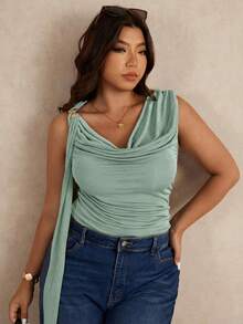 Elaquor Plus Size Women Solid Color Ruched Neck Casual Blouse - Mint Green - View 6