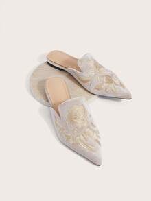 Enchnt 2025 新款春季中国风刺绣尖头百搭复古平底女凉鞋 - 玫瑰金 - 查看 1