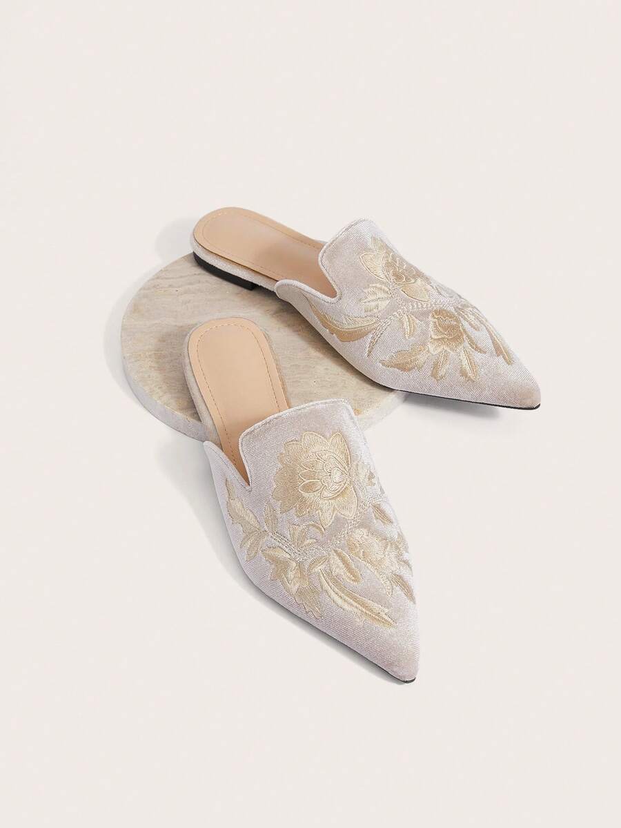 Enchnt 2025 新款春季中国风刺绣尖头百搭复古平底女凉鞋 - 玫瑰金 - 查看 1