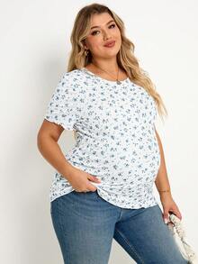 Plussiva Plus-Size Maternity T-Shirt For Summer, Light Blue Floral Pattern, Highly Elastic, Comfortable And Casual, Suitable For Pregnant Women - Blue and White - View 1
