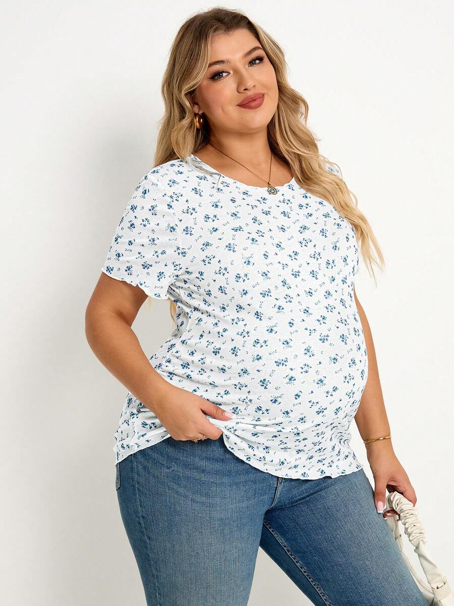 Plussiva Plus-Size Maternity T-Shirt For Summer, Light Blue Floral Pattern, Highly Elastic, Comfortable And Casual, Suitable For Pregnant Women - Blue and White - View 1