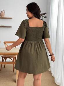 Enliva Plus-Size Women's Resort-Style Plaid Raglan Sleeve Button-Down Dress, Summer Puff Olive Green Plus Size Women For Apple And Rounded - Army Green - View 2