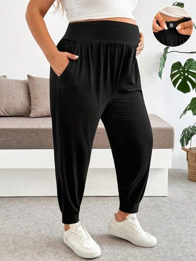 SHEIN Maternity Plus Size Solid Color Adjustable Waist Ankle Length Pants
