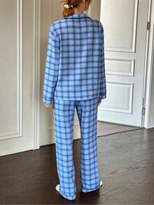 Napfluff Grün & Schwarz karierter Damen Lässig Langarm Pyjama Set mit Kragen - Blau - Übersicht 2