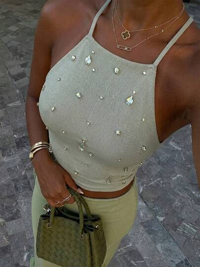 Firerie Women's New Heavily Beaded Sleeveless Top, Beaded Top, Street Chic Women's Top, Green Vacation Top, Party Women's Top, Designed Top, Spring/Summer Clothing, Suitable For Dates, Music Festivals, Graduation Dances, Performances,Summer Top