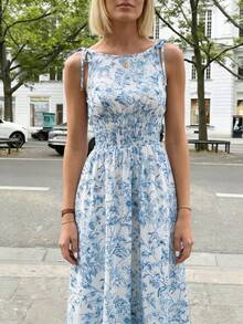 Pariaura Vestido maxi a cuadros marrones 2026 para mujer, con tirantes de lazo y cintura fruncida con volantes, estilo minimalista casual y perfecto para vacaciones y uso diario - Azul y blanco - Ver 3