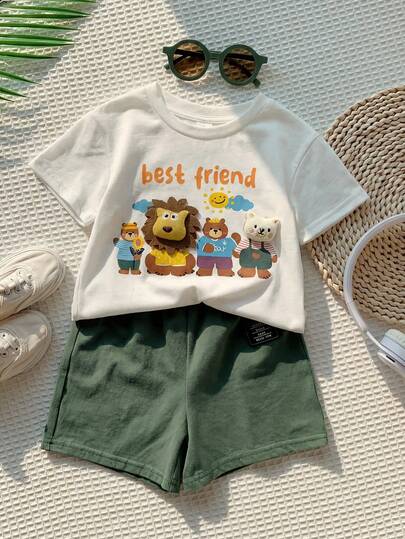 Conjunto informal para bebé niño: Camiseta de manga corta con cuello redondo, estampado de letras y decoración de dibujos animados, y pantalones cortos