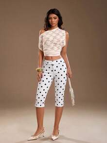 TRNVIE Women's Polka Dot Print Low Waist Skinny Jeans - Black and White - View 3