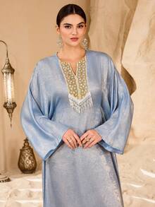 Al Najma Women's Shiny Embroidered Beaded Long Robe, Loose Slimming Banquet Elegant Robe - Blue - View 2