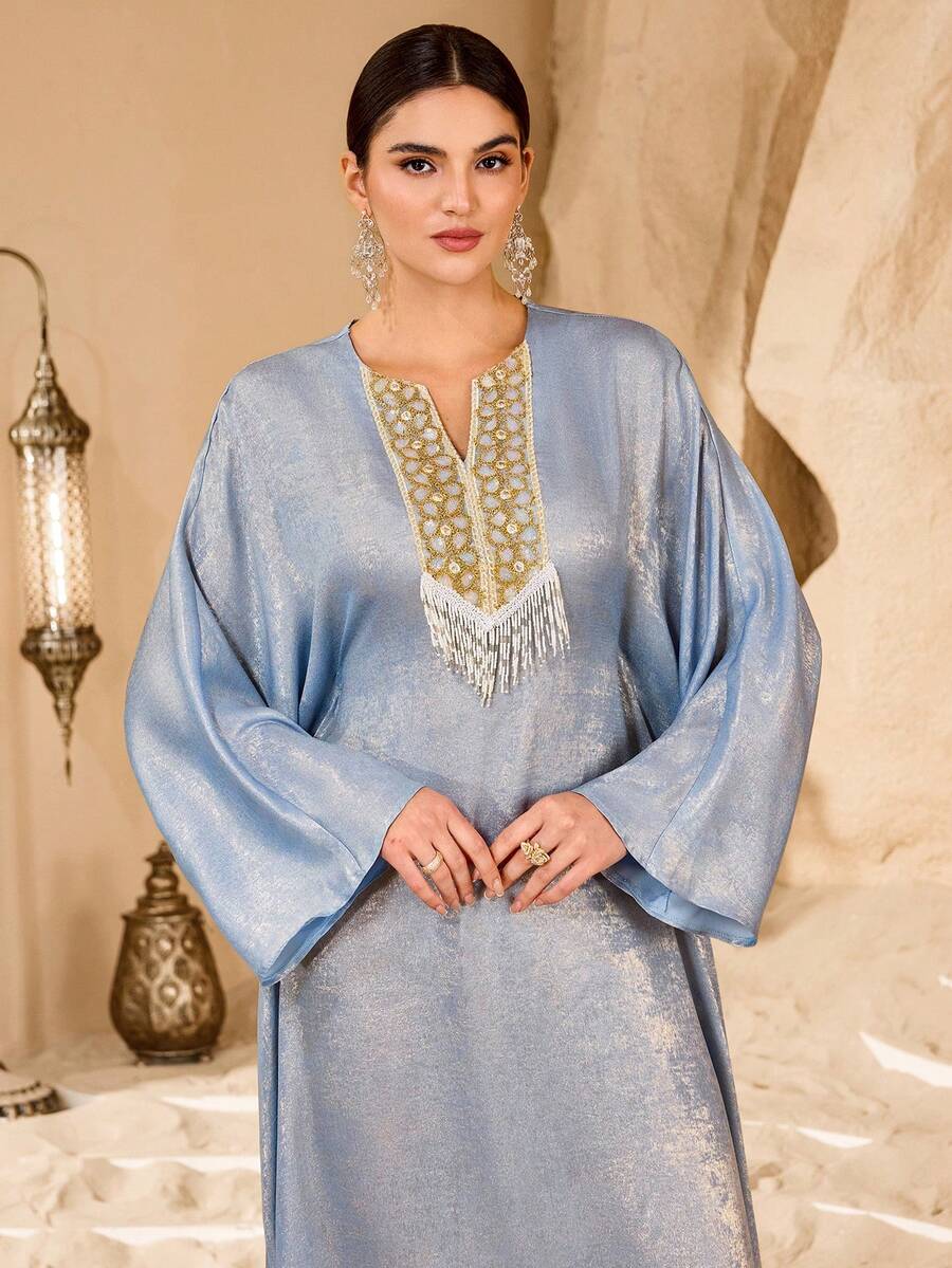 Al Najma Women's Shiny Embroidered Beaded Long Robe, Loose Slimming Banquet Elegant Robe