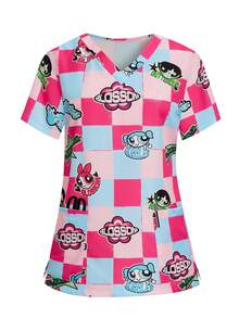 PopScrub THE POWERPUFF GIRLS X SHEIN 女士粉蓝格子印花V领工作服上衣，卡通IP联名款 - 彩色 - 查看 9