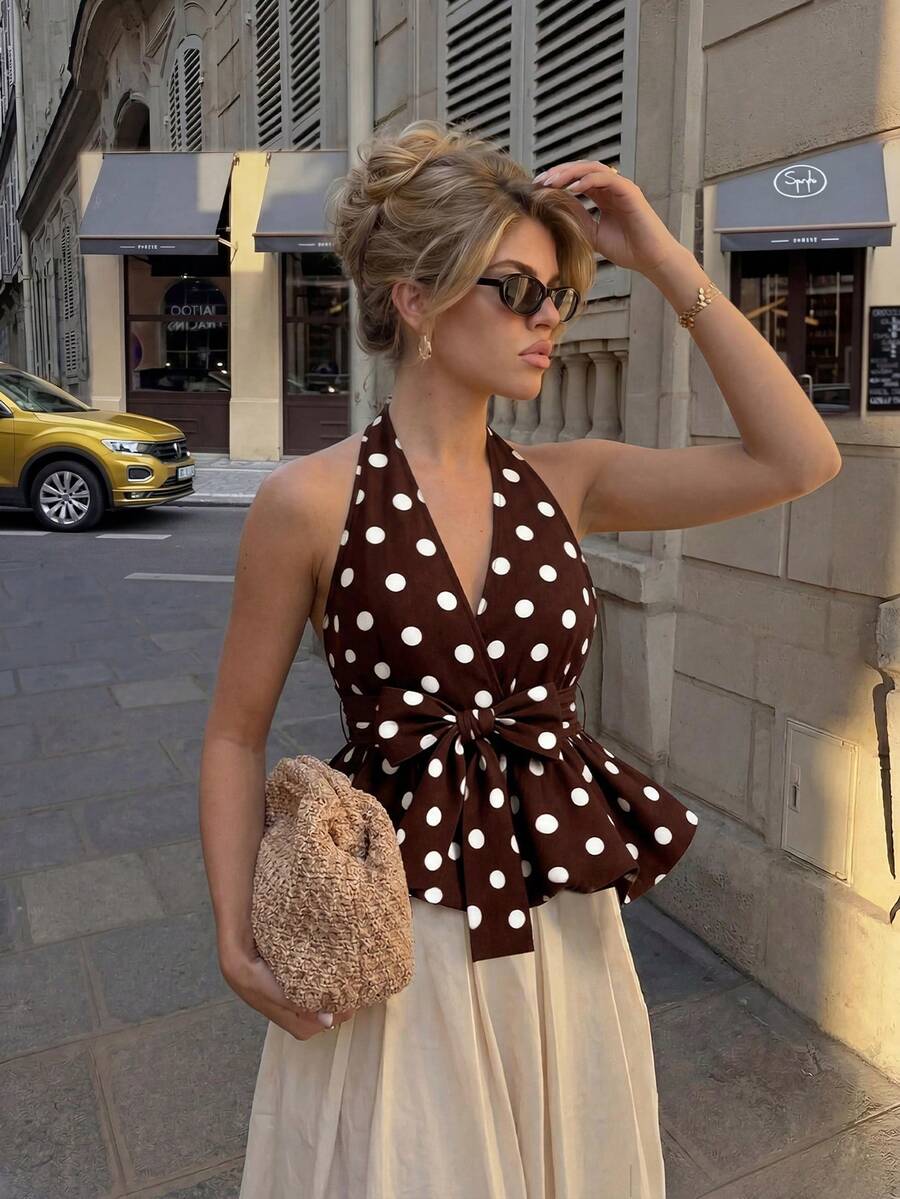 Olithes 女式圆点褶饰挂脖百搭休闲衬衫 - 棕色 - 查看 1