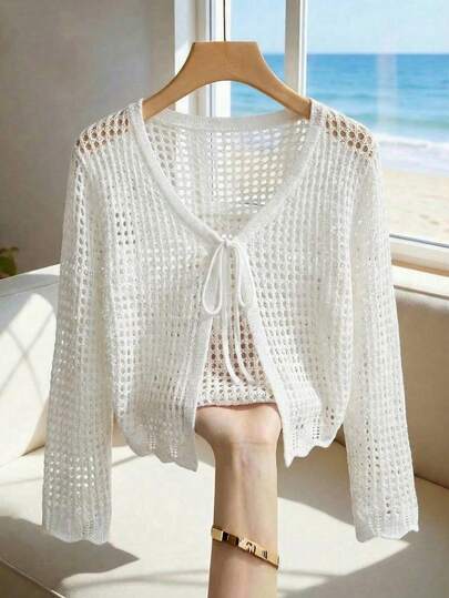 Franclia Nueva cubierta de punto calado, cubierta protectora de verano de atadura corta, ropa exterior ligera de manga larga con atadura de cuadrícula para vacaciones en la playa, chal de punto perforado blanco protector solar delicado y ropa exterior corta