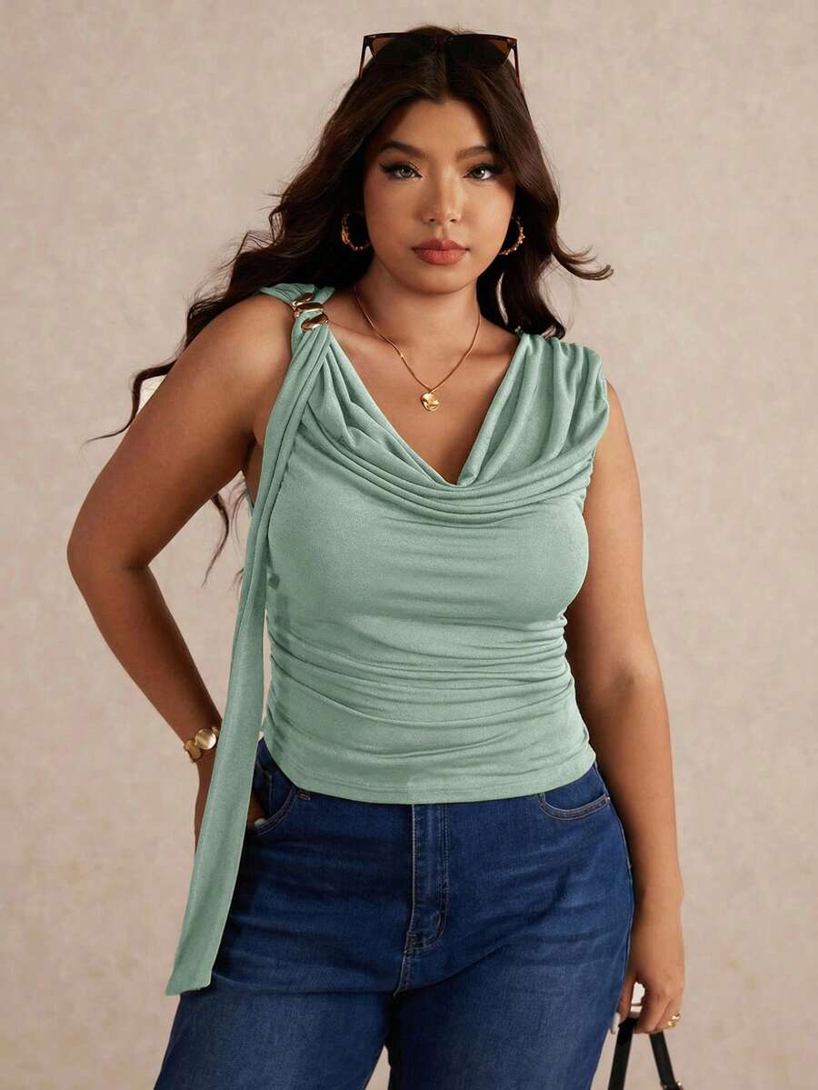 Elaquor Plus Size Women Solid Color Ruched Neck Casual Blouse - Mint Green - View 1