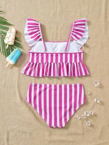 Travachic KIDS Travachic KIDS Conjunto de traje de baño de punto a rayas lindo y casual para niñas preadolescentes, adecuado para primavera/verano, vacaciones, playa - Rosa - Ver 2