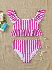 Travachic KIDS Travachic KIDS Conjunto de traje de baño de punto a rayas lindo y casual para niñas preadolescentes, adecuado para primavera/verano, vacaciones, playa - Rosa - Ver 1