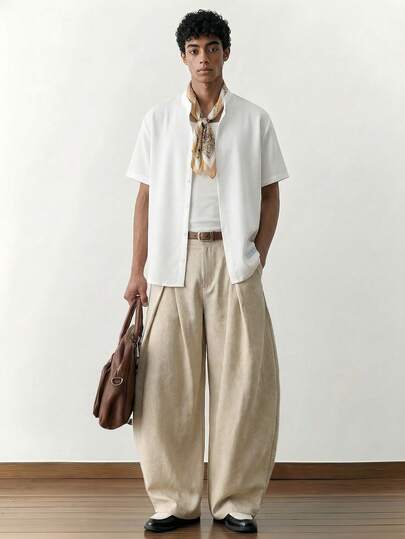 SWAVVY 男士纯色拉链前襟纽扣腰带环褶裥口袋阔腿裤，适合日常穿着和户外旅行