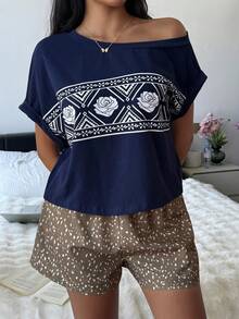 DAZY 2 Stück/Set Damen Locker Sitzende Ditsy Blumen Asymmetrischer Ausschnitt Kurzarm T-Shirt und Shorts Pyjama Set, Sommer - marineblau - Übersicht 8