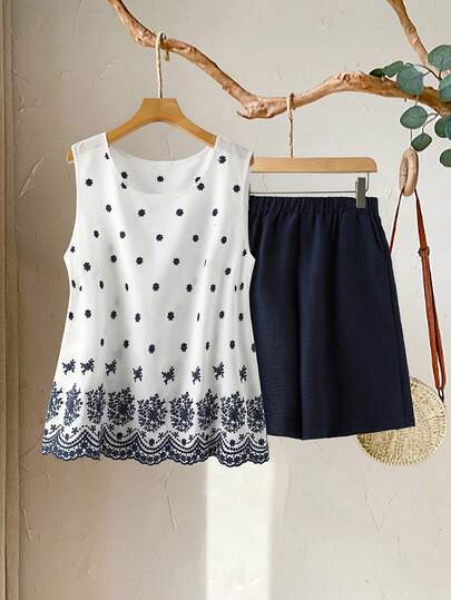 Plus Size Women Floral Print Sleeveless Shirt And Shorts 2 Piece Set