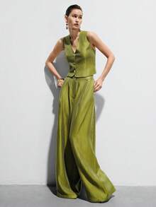 Aveloria Modichic 橄榄绿缎面无袖修身背心和高腰阔腿裤套装，金属装饰纽扣，休闲优雅通勤简约度假百搭款 - 綠色 - 查看 4
