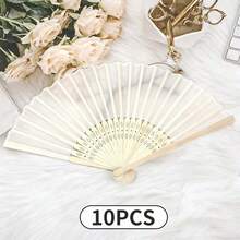 10/5/2/1 件装丝绸扇子装饰素色布扇婚礼礼物折叠竹扇 DIY 桌面悬挂装饰 - 米色 - 查看 11